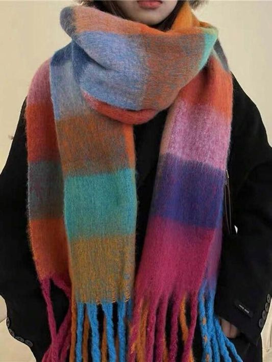 Colorful Plaid Pattern Tassel Decor Scarf, Women'S Elegant Soft Warm Long Shawl, Fashion Accessories for Fall & Winter