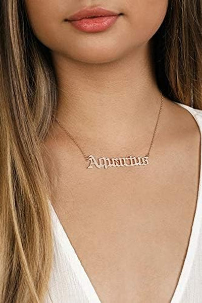 Zodiac Necklaces for Women Old English Necklace Horoscope Constellation Necklace Astrology Jewelry Stainless Steel Zodiac Jewelry 14.2"+2.75" (Gold, A: Aquarius Necklace (1.20-2.18))